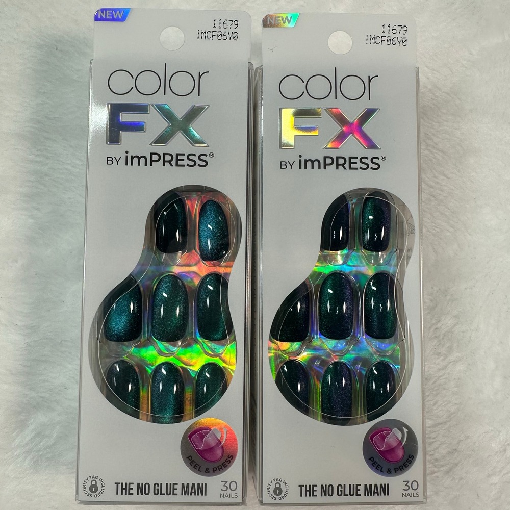 2 pack Kiss imPRESS Color FX Press-On Nails‎ Purple Green Iridescent Free Mind